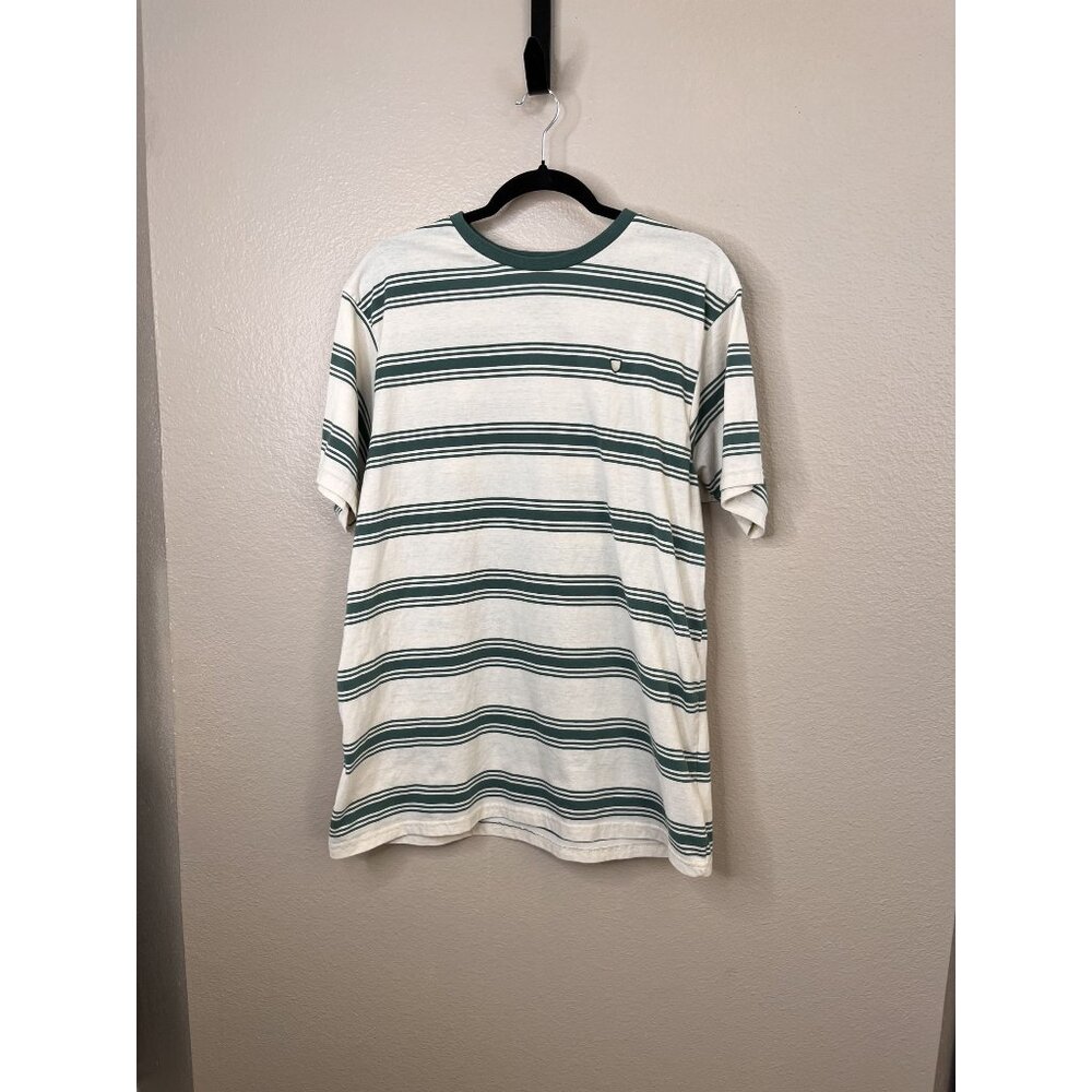 Brixton Standard Fit Mens Striped T-Shirt Large Green White Short Sleeve Cotton